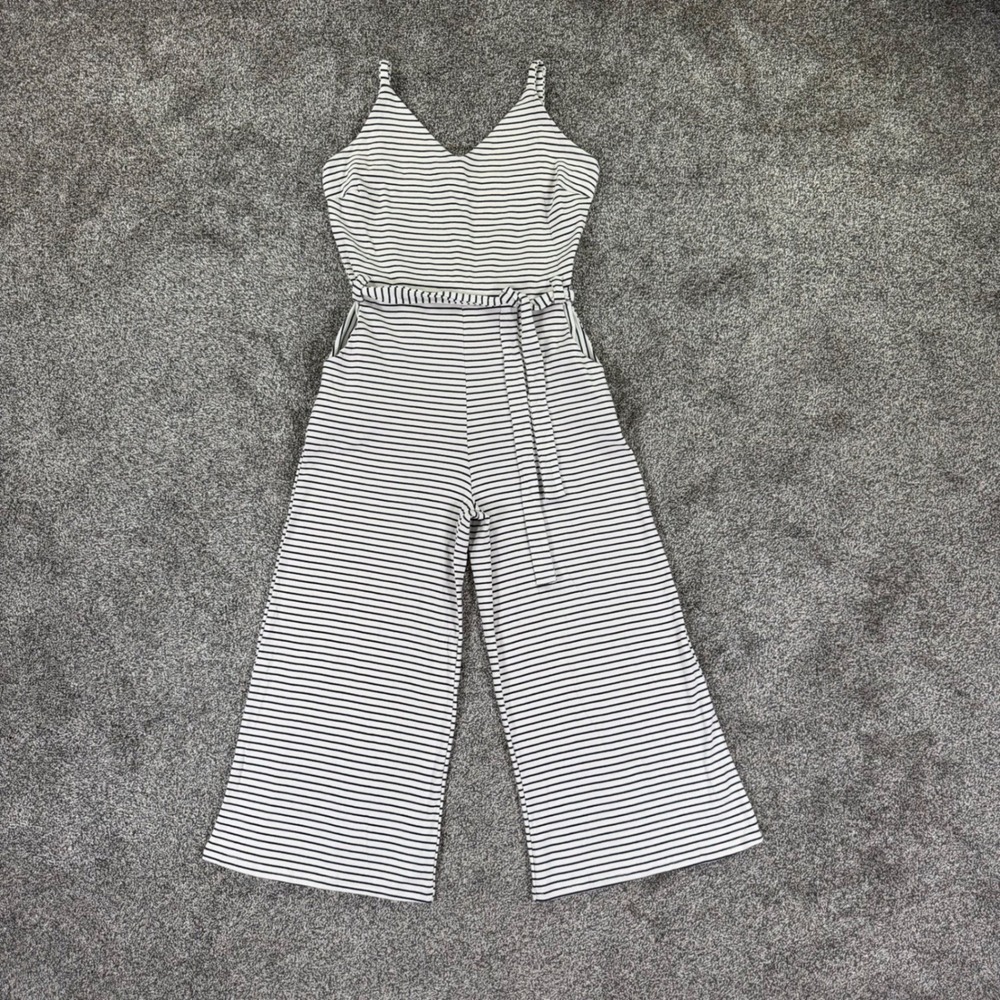 Monteau‎ Los Angeles Striped Wide Leg Jumpsuit Large Black White V-Neck Belted